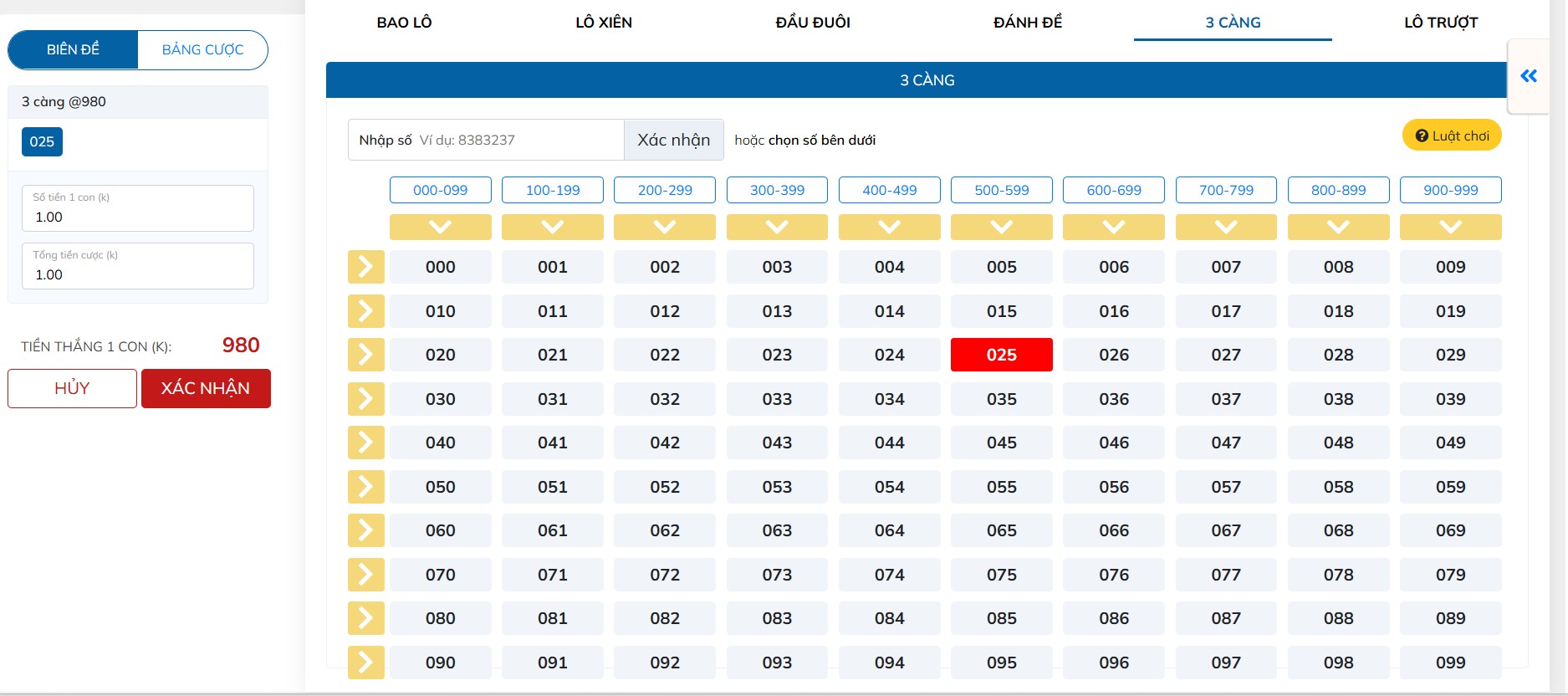 Tỷ lệ trả thưởng cho hình thức lô 3 càng, 4 càng rất cao tại Sky88