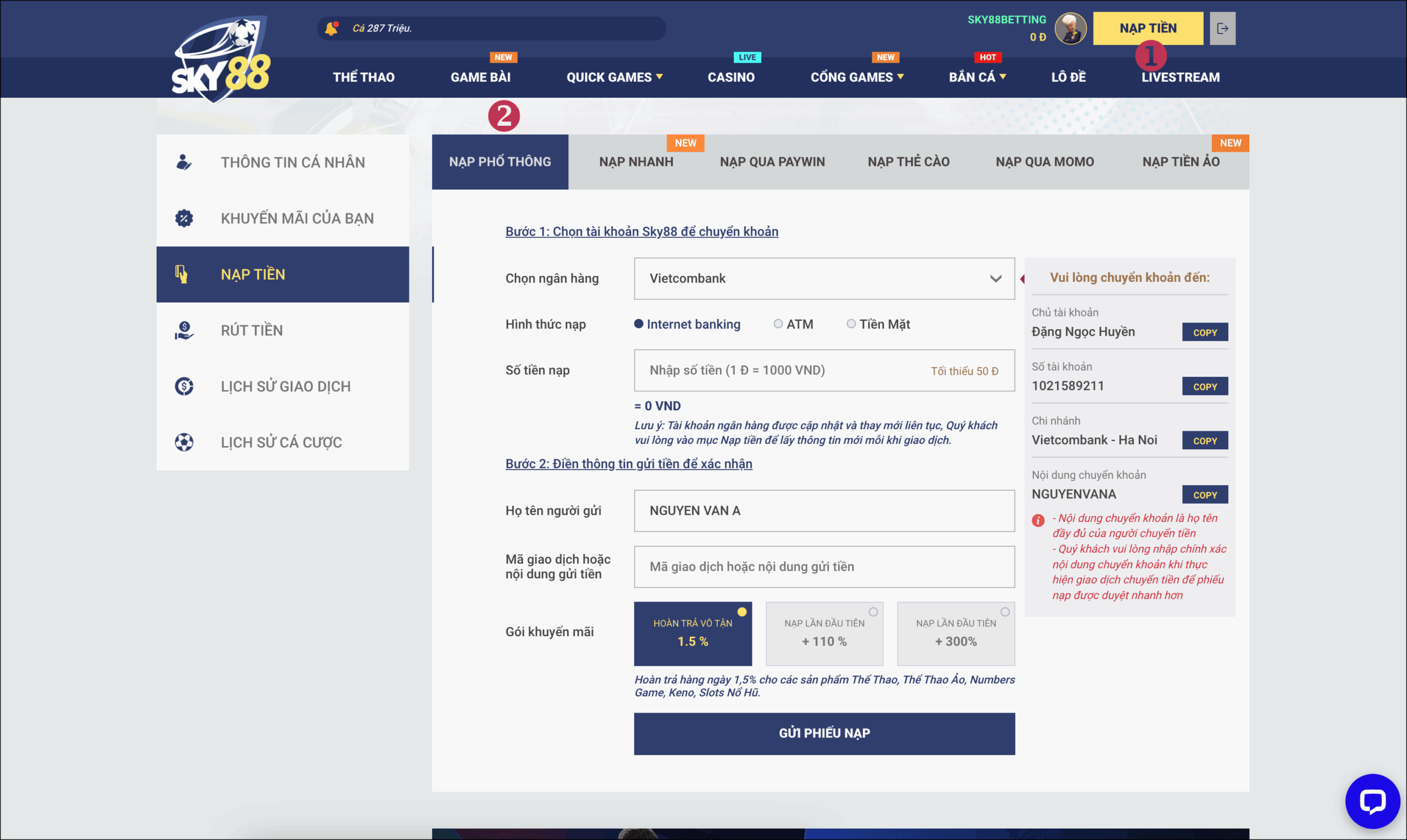 Sky88 hỗ trợ khách hàng rút tiền với nhiều phương thức thanh toán đa dạng