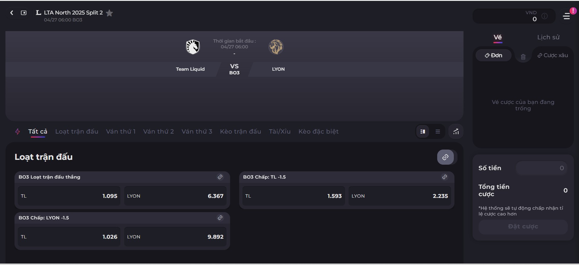 Chọn kèo phù hợp và đặt tiền
